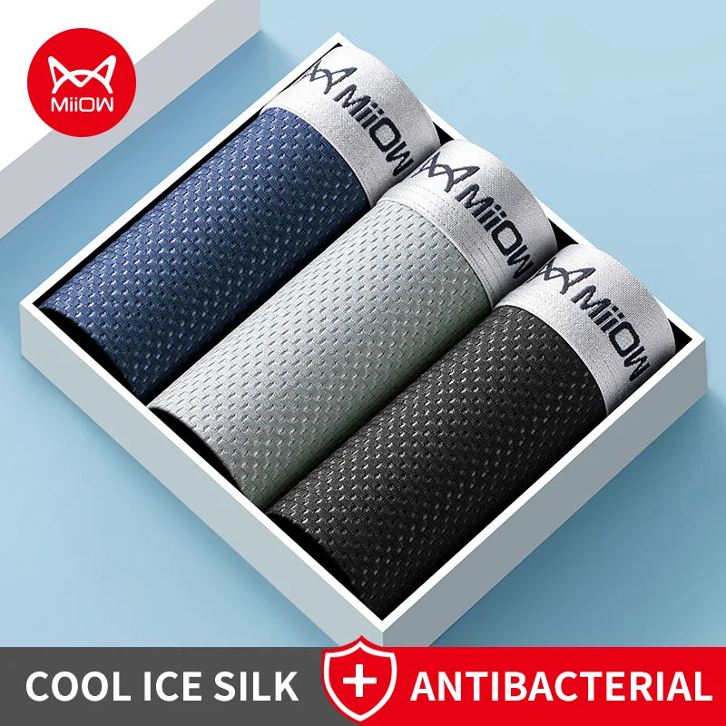 MiiOW Ice Silk Men's Underwear - 3Pcs Breathable Mesh Antibacterial Boxer Briefs - ShopHub