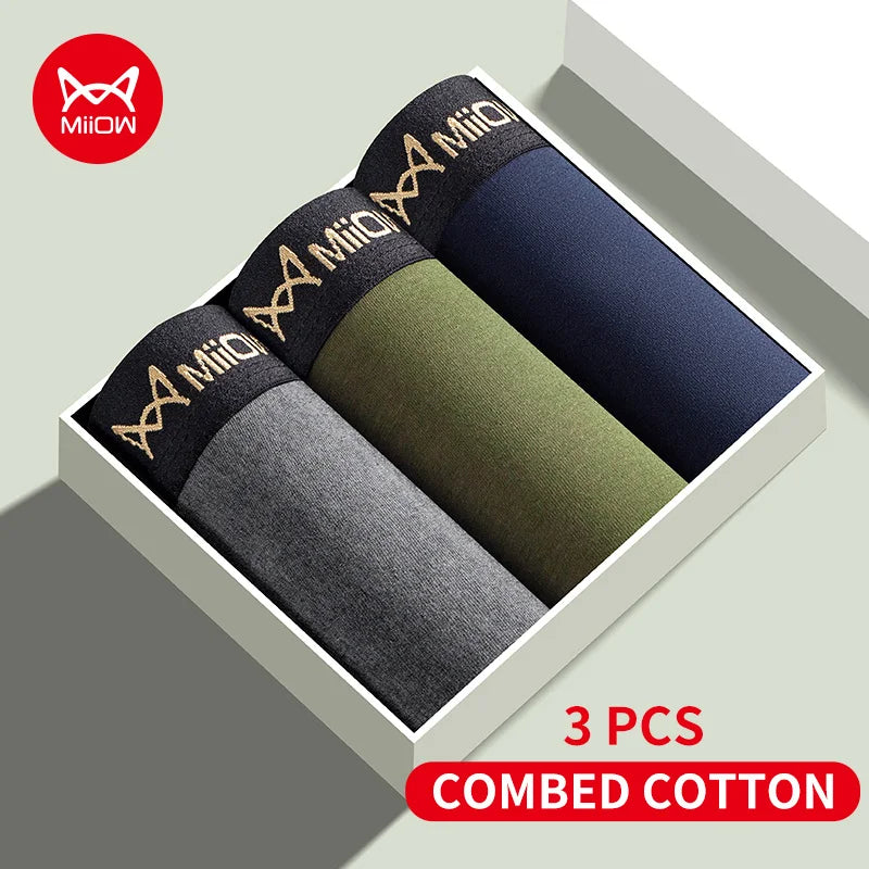 MiiOW 3Pcs Men's Antibacterial Boxer Underwear - Cotton Breathable Mesh Crotch Plus Size Boxershorts - ShopHub