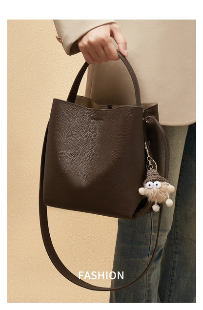 FOXER Soft Leather Bucket Bag for Women Simple Genuine Leather Shoulder Bag Female Casual Handbag Daily Work Crossbody Purse
