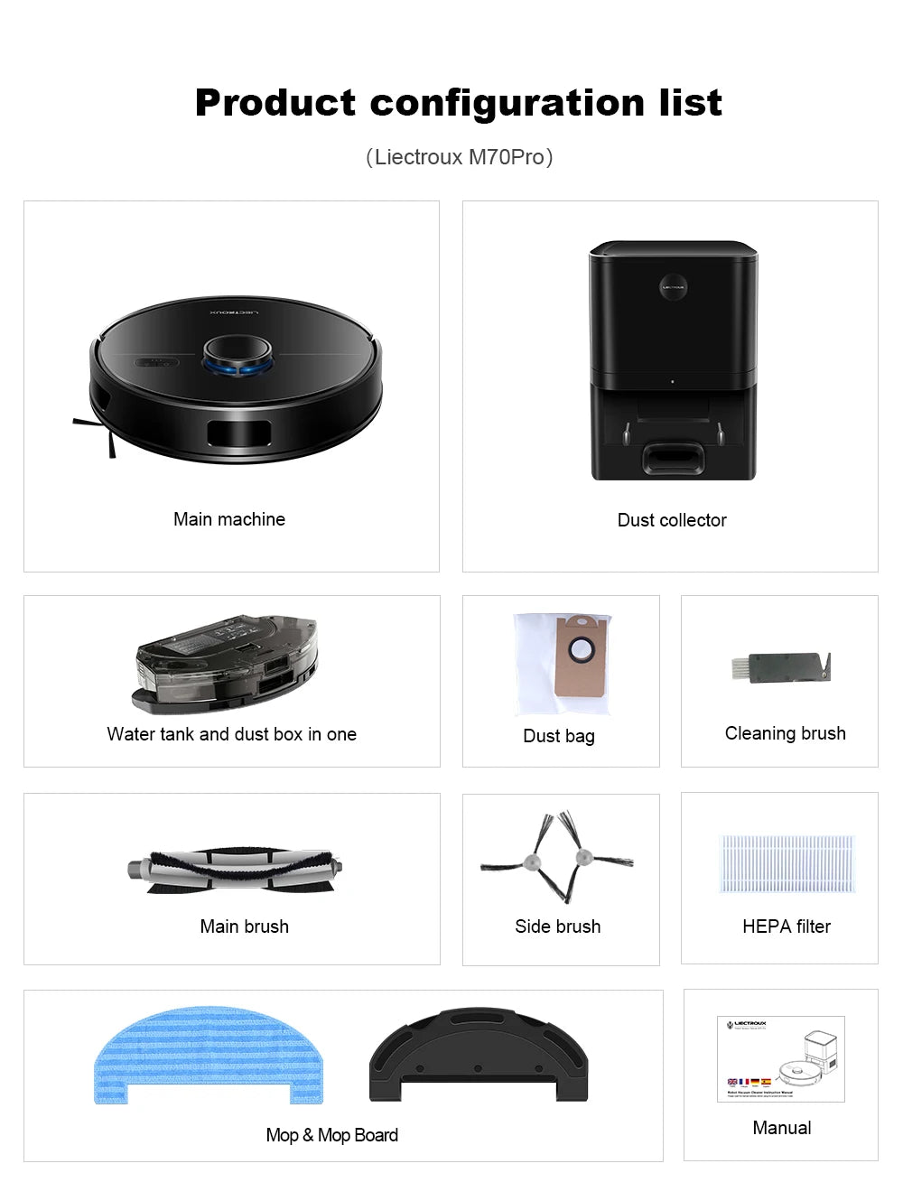 Liectroux M70 Pro robot vacuum cleaner and mop on a hardwood floor, showcasing its sleek design and cleaning features.