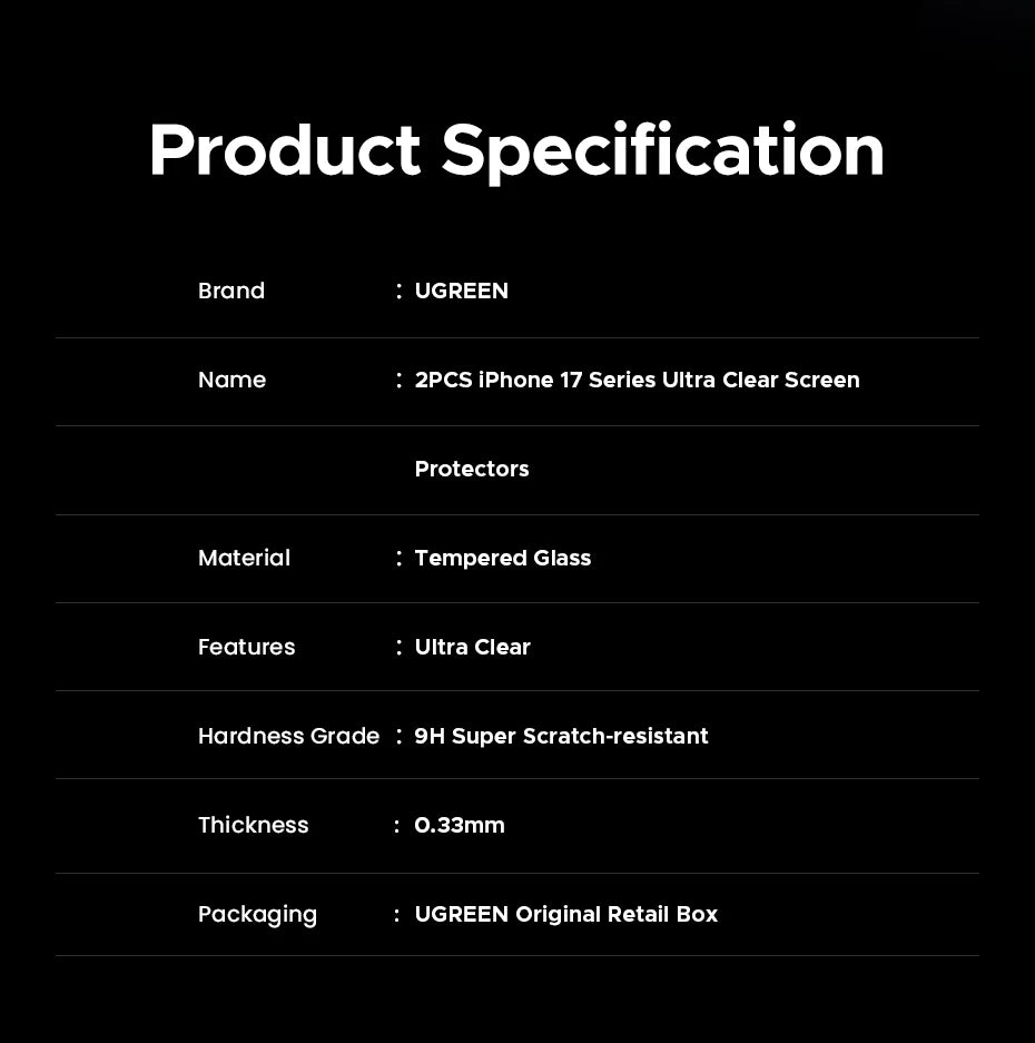 UGREEN 9D Full Cover Tempered Glass Screen Protector for iPhone 17 Pro Max