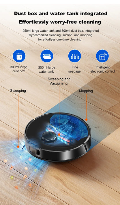 Liectroux M70 Pro robot vacuum cleaner and mop on a hardwood floor, featuring sleek design and multiple cleaning modes.