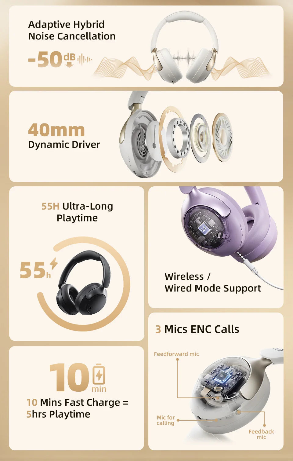 QCY H3 PRO Wireless Headphones with Adaptive ANC, 50dB Noise Cancellation, Hi-Res LDAC Audio, and Bluetooth 5.4 Dual Connection - ShopHub