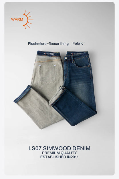 SIMWOOD 2026 Spring New 15oz Warm Micro Fleece Lining Jeans Men Loose Straight Plus Size Denim Trousers