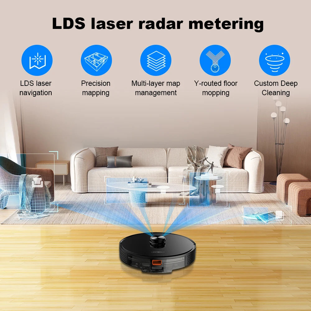 Liectroux Lilin X6 robot vacuum cleaner on hardwood floor with dustbin and sensors visible in a modern living room setting.