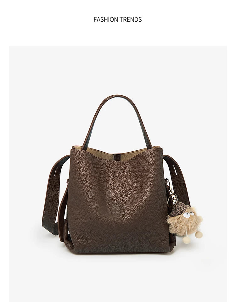 FOXER Soft Leather Bucket Bag for Women Simple Genuine Leather Shoulder Bag Female Casual Handbag Daily Work Crossbody Purse