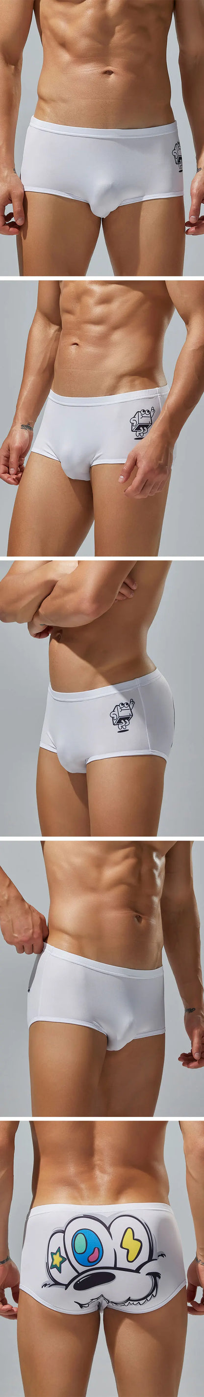 SEOBEAN Men's Low Waist Ice Silk Underwear Sexy Cartoon Pattern Half Hollow Flat Corner Briefs Youth Four Corners