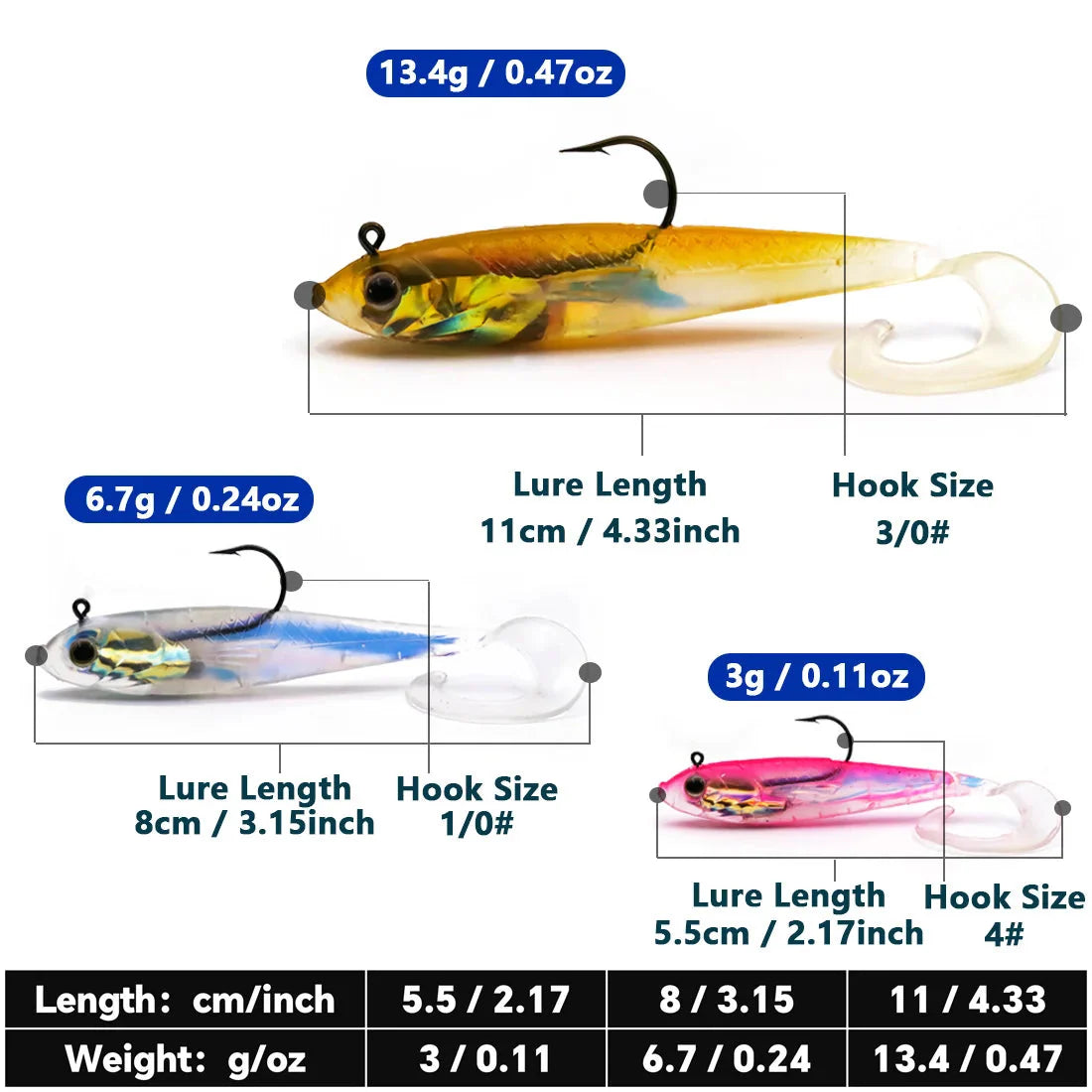 Habicare soft fishing lures with lead head jigs in various colors, designed for bass and trout fishing.