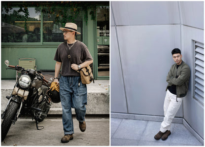 Two men in different settings, one near a motorcycle and the other leaning against a building.