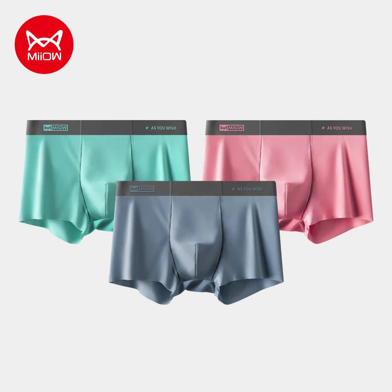 MiiOW Men Underwear Boxers - 3Pcs Cotton Antibacterial Crotch Silky Breathable Boxers - ShopHub