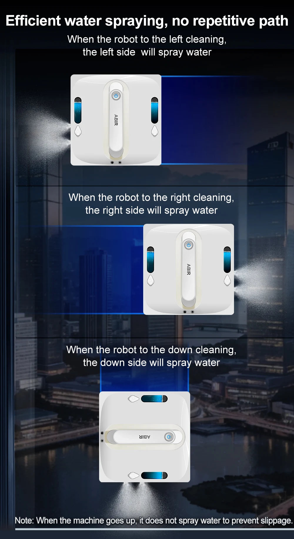 ABIR WD9-4-Way Robot Window Cleaner on glass surface, showcasing its compact design and cleaning pads for efficient window washing.