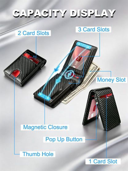 Carbon Fiber Wallet Magnetic Card Holder RFID Automatic Pop Up Case Id Bank Credit Cardholder Money Bag Bifold Wallets for Men