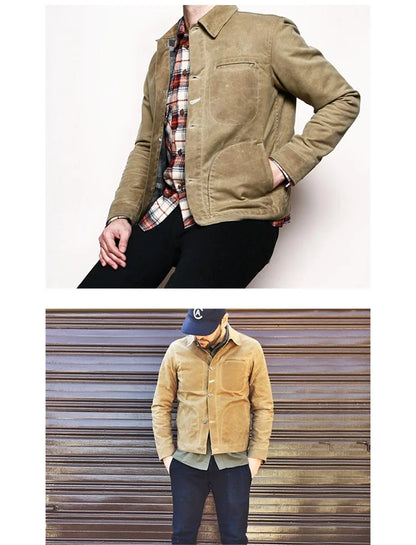 Maden Vintage Men's Canvas Oil Wax Jackets Khaki Multi-pocket Lapel Collar Single-breasted Jacket Windbreaker for Male Outwear