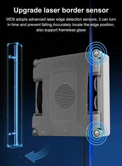 ABIR WD9-4-Way robot window cleaner from ShopHub NZ cleaning large glass windows with its four-way cleaning motion.