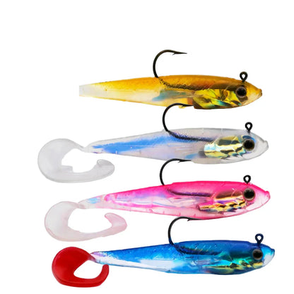 Habicare Soft Fishing Lures with lead head jigs for bass and trout, in various colors and quantities, designed for freshwater fishing.