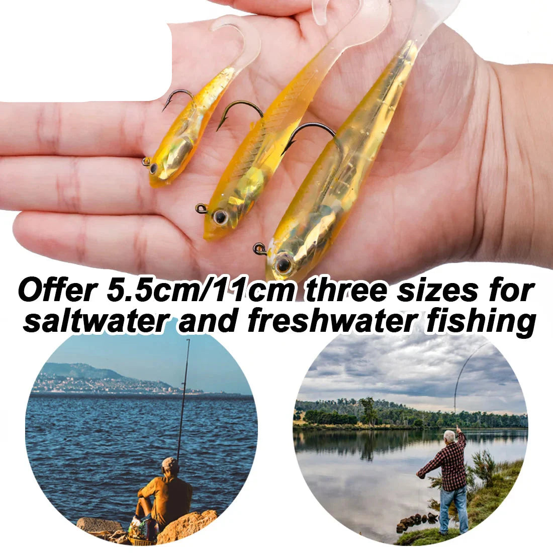 Habicare SS soft fishing lures with lead head jigs in various colors, designed for bass and trout fishing.