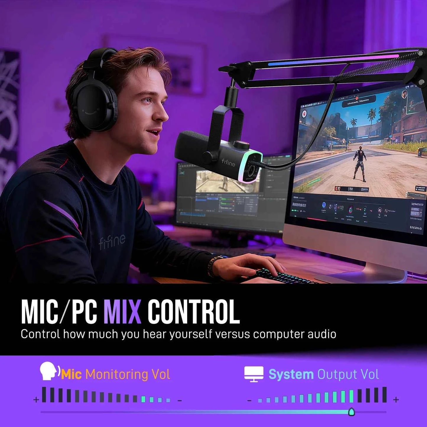 FIFINE AM8PROT Gaming Microphone Kit with Boom Arm, Dynamic XLR/USB Streaming Mic with RGB Light & Tap-to-Mute & Mix Control