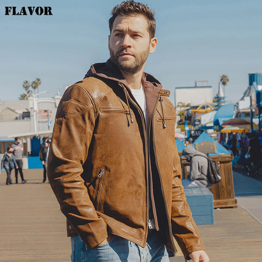 FLAVOR Men's Hooded Leather Moto-Style Jacket