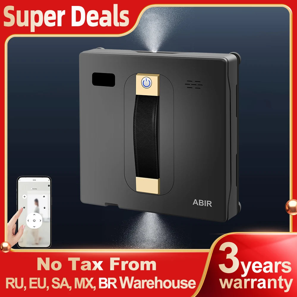 ShopHub NZ ABIR WD8 robot window cleaner with sleek design, shown cleaning large glass window with microfiber pad attachment.