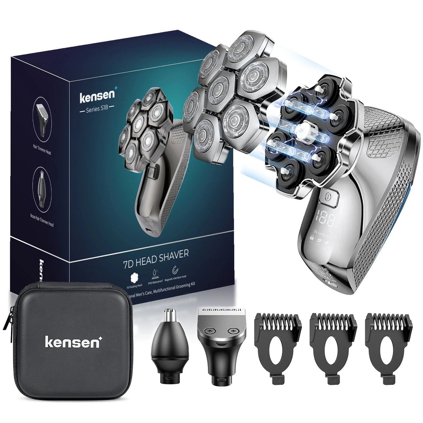 KENSEN 5 in 1 Electric Head Shaver Magnetic 7D Floating Blade