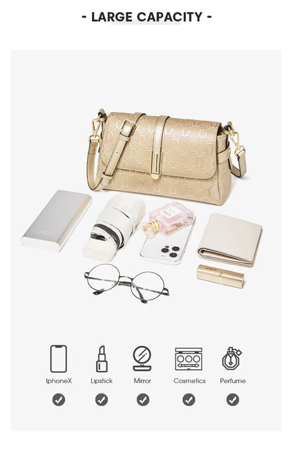 FOXER Split Leather Women's Shoulder Bag Luxury Female Crossbody Bag Fashion Monogram Gold Embossing Bag for Commute & Travel