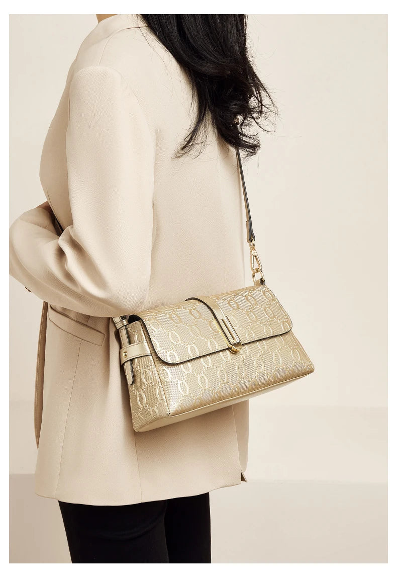 FOXER Split Leather Women's Shoulder Bag Luxury Female Crossbody Bag Fashion Monogram Gold Embossing Bag for Commute & Travel