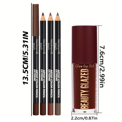 Lip Kit Set-3pcs Lip Liner+1pc Lip Glaze, Waterproof