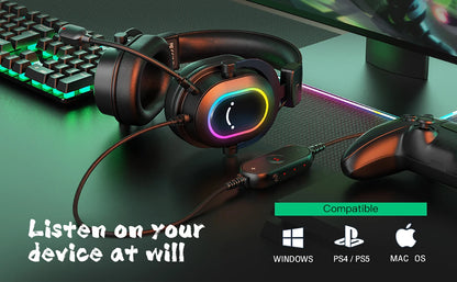 Fifine RGB Gaming Headset - Dynamic Over-Ear Headphones with 7.1 Surround Sound & Mic