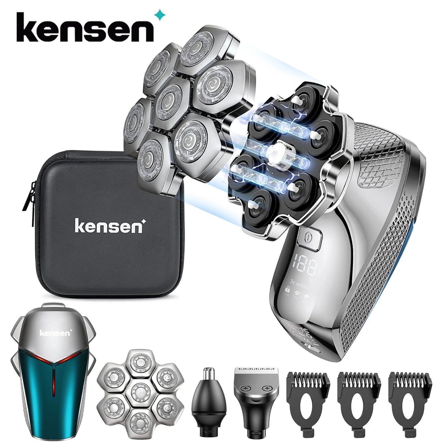 KENSEN 5 in 1 Electric Head Shaver Magnetic 7D Floating Blade