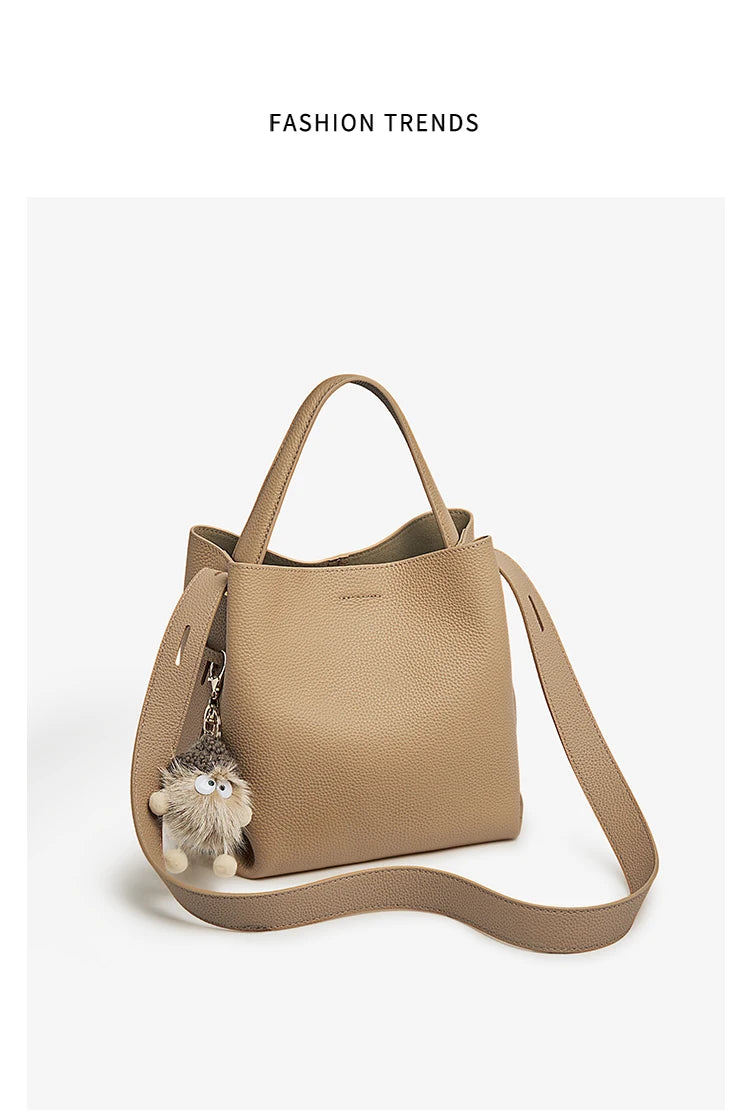 FOXER Soft Leather Bucket Bag for Women Simple Genuine Leather Shoulder Bag Female Casual Handbag Daily Work Crossbody Purse