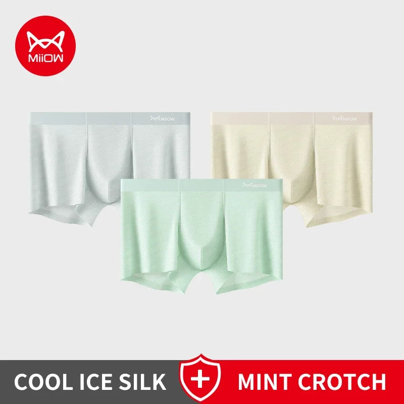 MiiOW Silky Ice Silk Men's Underwear - 3Pcs Antibacterial Seamless Breathable Boxers - ShopHub