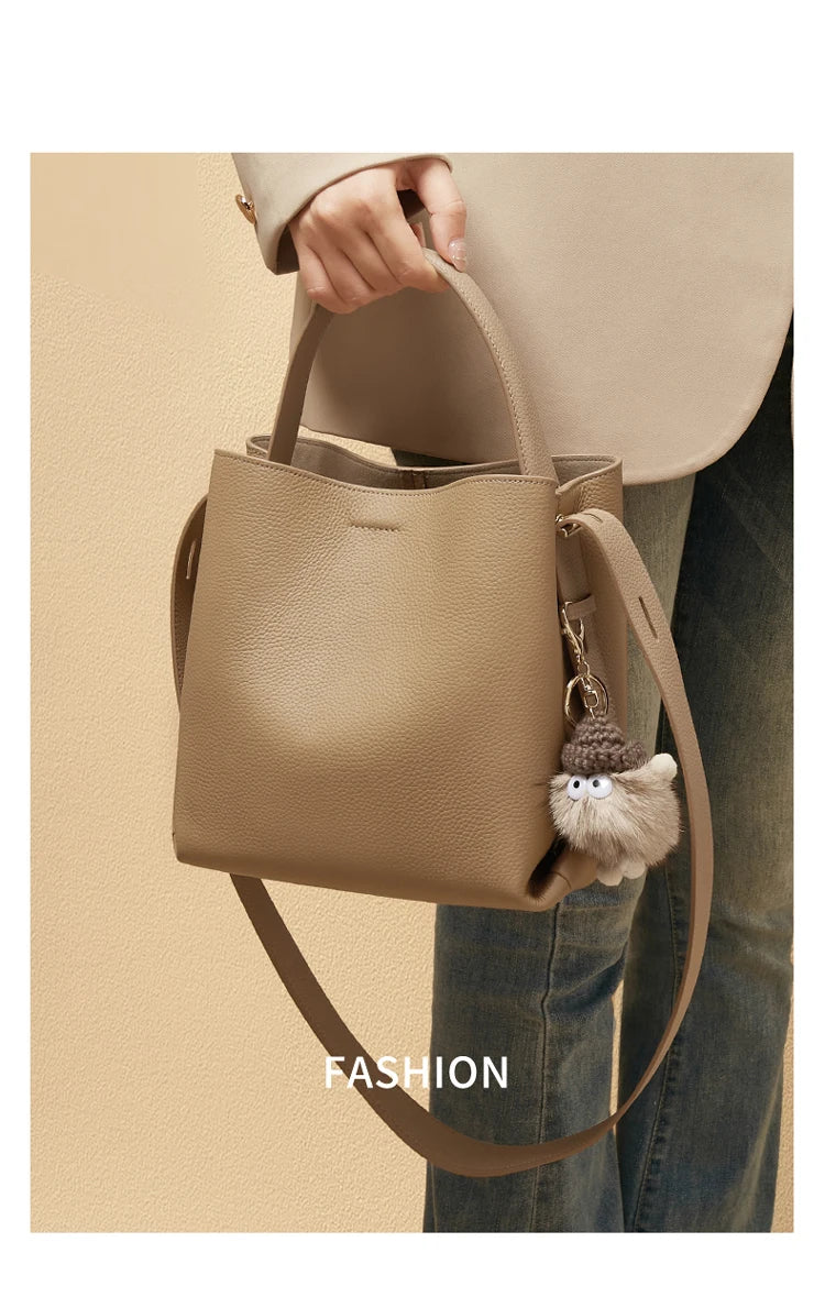 FOXER Soft Leather Bucket Bag for Women Simple Genuine Leather Shoulder Bag Female Casual Handbag Daily Work Crossbody Purse