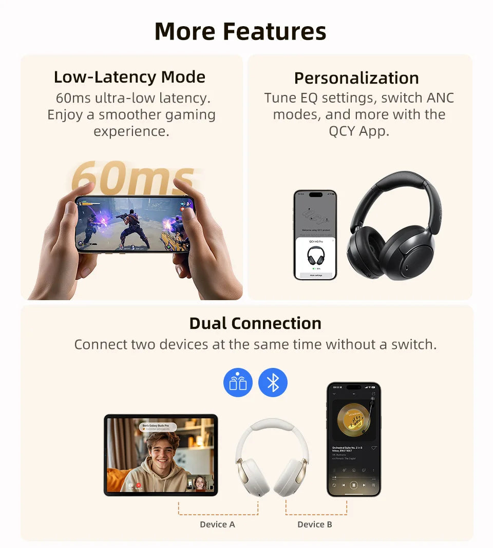 QCY H3 PRO ANC Bluetooth Headphones with 50dB Active Noise Cancelling and 55H Playtime - ShopHub
