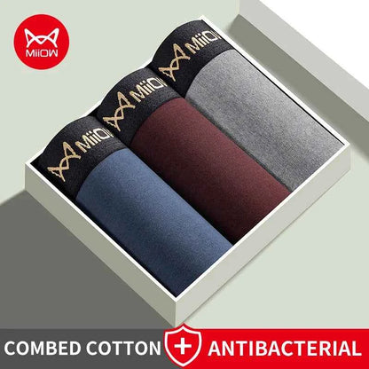 MiiOW 3Pcs Men's Antibacterial Boxer Underwear - Cotton Breathable Mesh Crotch Plus Size Boxershorts
