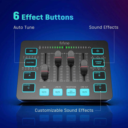 FIFINE Gaming Audio Mixer,Streaming 4-Channel RGB Mixer with XLR Microphone Interface,for Game Voice,Podcast,AmpliGame SC3