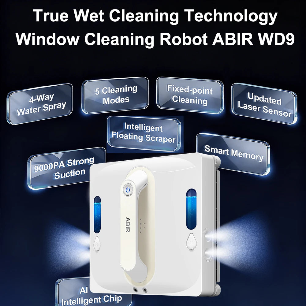 ABIR WD9-4-Way Robot Window Cleaner from ShopHub NZ cleaning large glass windows with a sleek design and multiple cleaning modes.