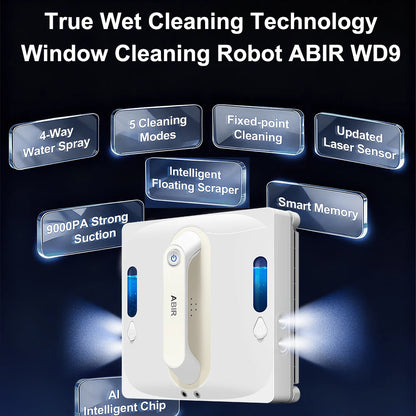 ABIR WD9-4-Way Robot Window Cleaner from ShopHub NZ cleaning large glass windows with a sleek design and multiple cleaning modes.