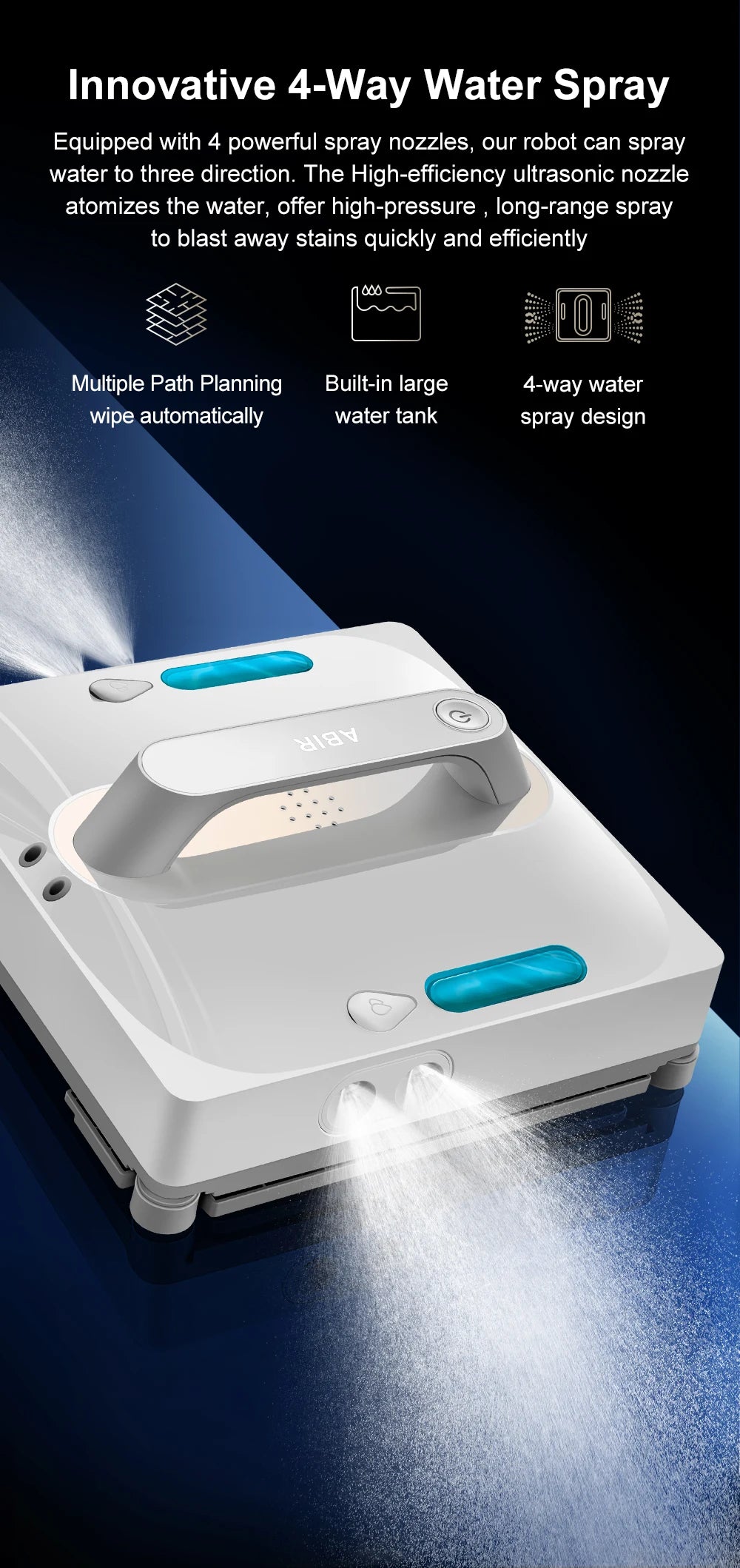ABIR WD9-4-Way Robot Window Cleaner on glass, showcasing its compact design and cleaning pads for efficient window cleaning.