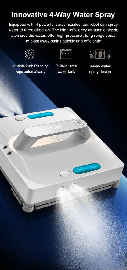 ABIR WD9-4-Way Robot Window Cleaner on glass, showcasing its compact design and cleaning pads for efficient window cleaning.