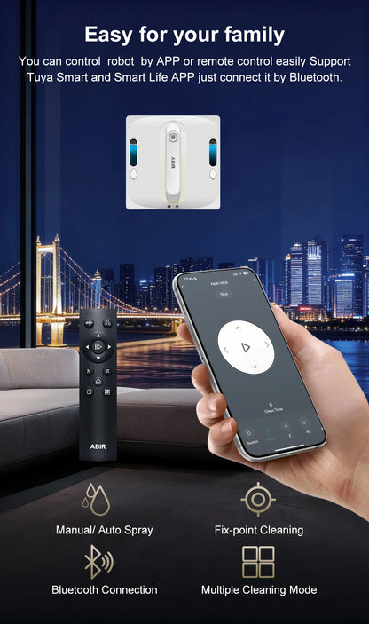 ABIR WD9-4-Way Robot Window Cleaner on glass surface, showcasing its compact design and multiple cleaning modes.