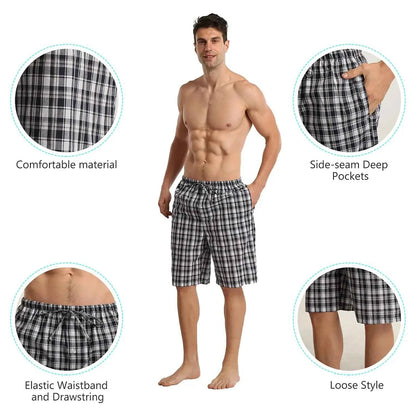 Mens Casual Pajama Shorts Summer Pajama for Men, Soft Cotton Sleep Shorts for Men Plaid Loung Short Sets with Pockets Pjs Bottom