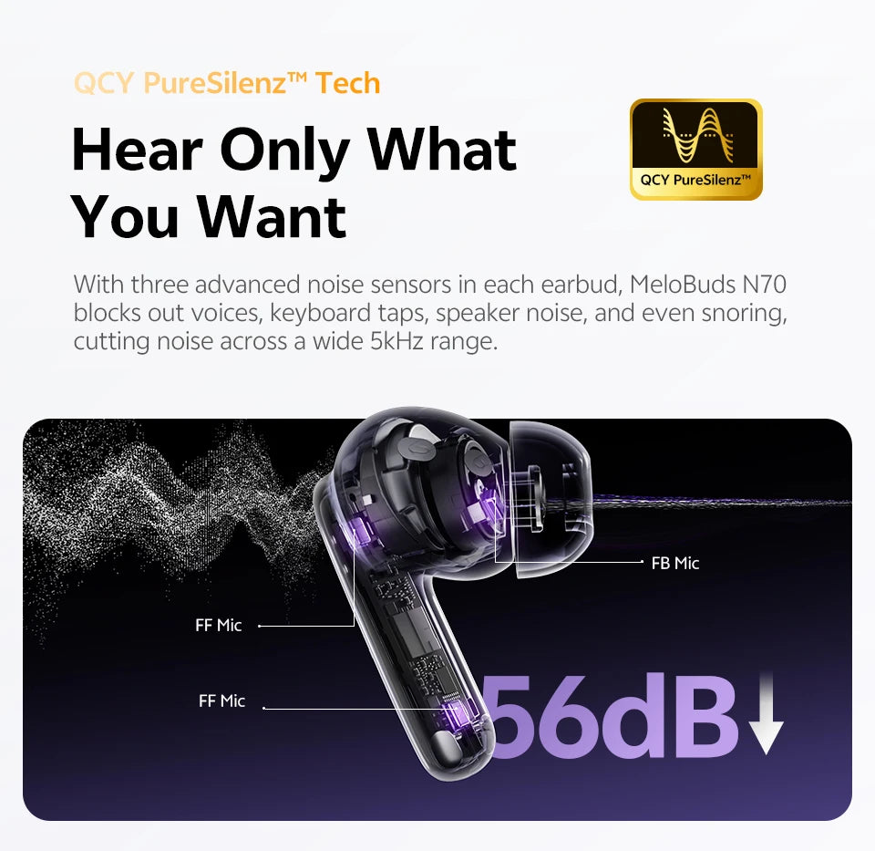 QCY MeloBuds N70 Wireless Earphones with Hybrid Adaptive ANC, Hi-Res Sound, and 50Hrs Battery Life - ShopHub