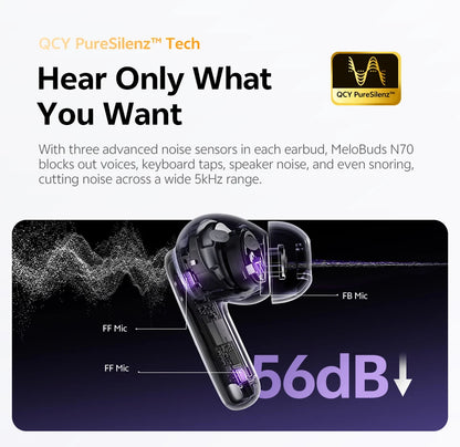 QCY MeloBuds N70 Wireless Earphones with Hybrid Adaptive ANC, Hi-Res Sound, and 50Hrs Battery Life - ShopHub
