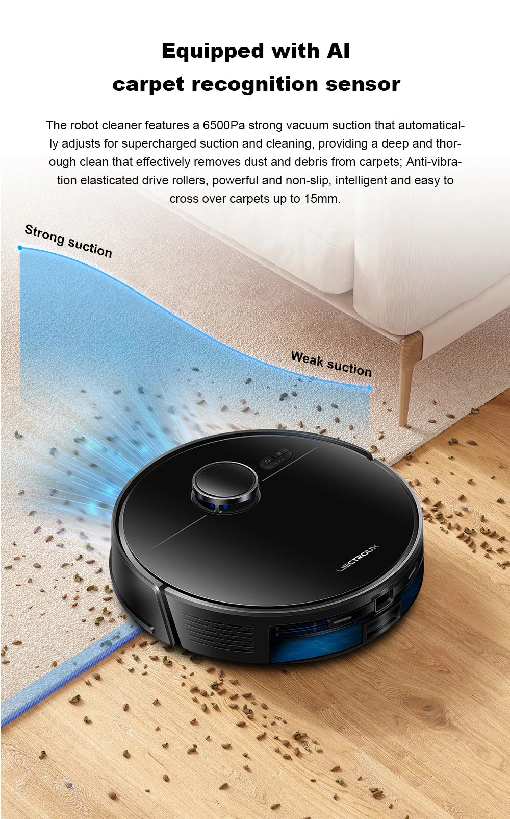 Liectroux M70 Pro robot vacuum cleaner and mop cleaning hardwood floor with dustbin and control panel visible.