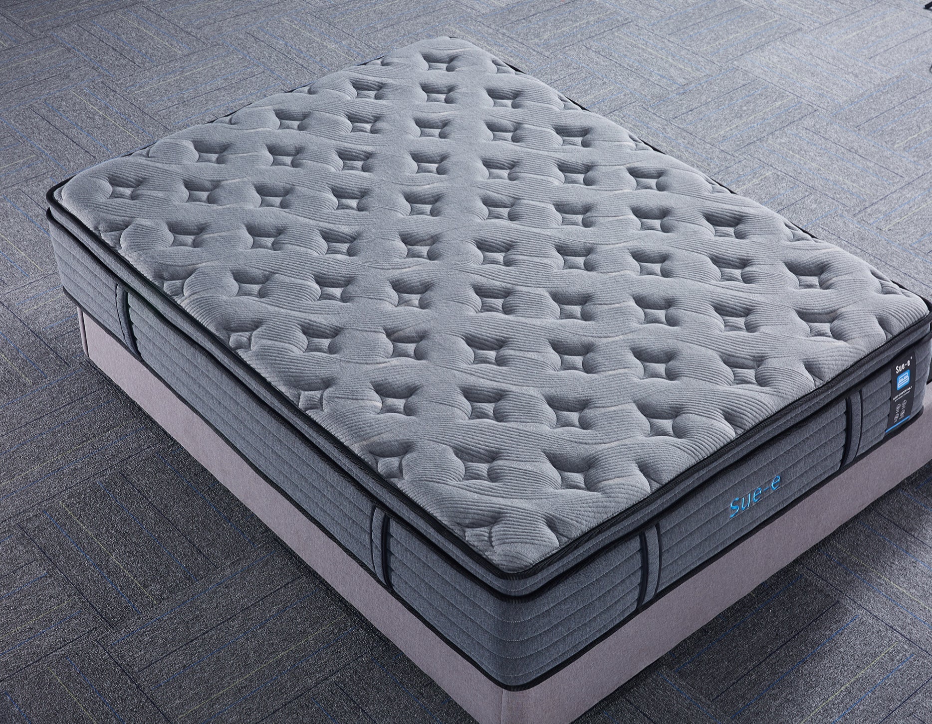 Sue-e Furniture Comfortably 7 Zones Pocket Spring Mattress with plush fabric cover and detailed stitching.