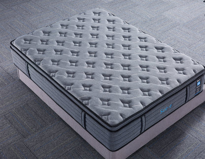 Sue-e Furniture Comfortably 7 Zones Pocket Spring Mattress with plush fabric cover and detailed stitching.