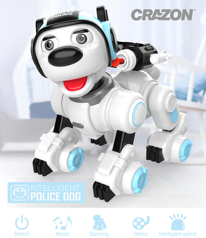 Dealonlinenz RC Smart Dog Patrol robot toy with dancing, singing, and shooting features, designed for interactive play and fun.