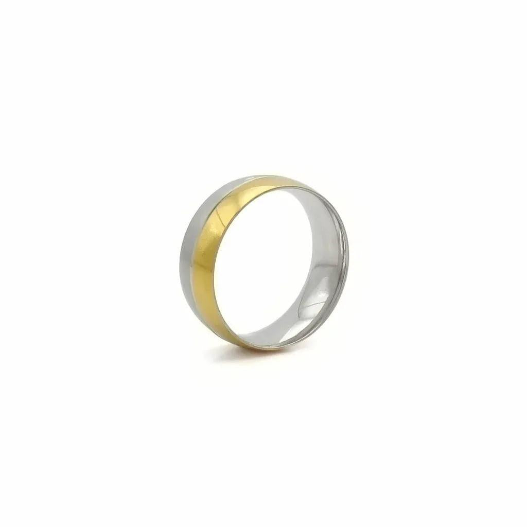 Stainless Steel Two-Tone Band Ring with Gold and Silver Stripes.