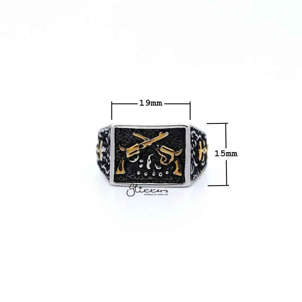 Stainless Steel Antiqued Two Tone Square with Crossed Guns Casting Men's Rings