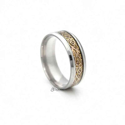 Stainless Steel Beveled Edge Band Ring with Gold Stripe Pattern